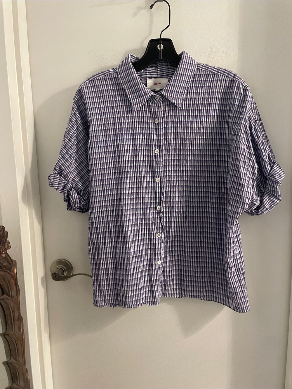 NWOT Xirena small Dawson Shades of Purple Gingham Button-Up Cotton S/S Shirt
